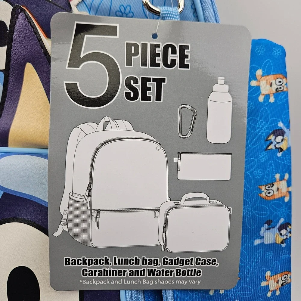 Bluey and Bingo Kids‎ 5 Piece Backpack Set with Lunch Bag Water Bottle Blue New